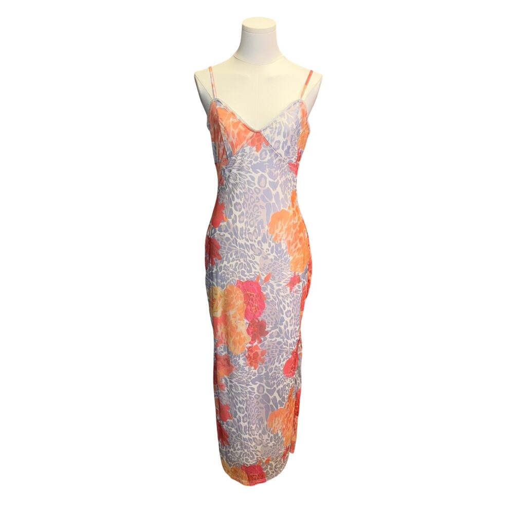 Vintage Euro Y2K Floral Leopard Print Mesh Maxi Slip Dress Asymmetric Slit Med